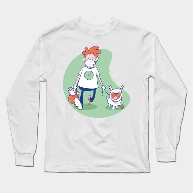 man walks with mask dog Long Sleeve T-Shirt by Spring Moon